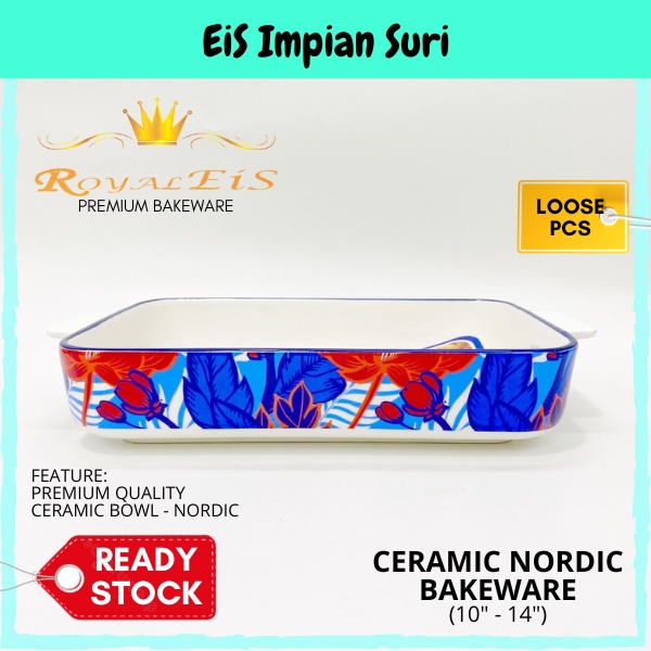 (Ready Stock!!) Royal EIS Nordic Flower Ceramic Rectangle Oven Plate Bakeware Serving Dish Baking Dish Stoneware Pinggan