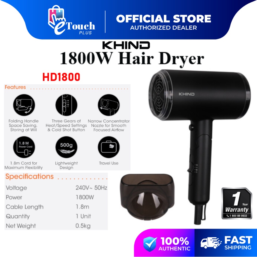KHIND 1800w HD1800 Strong Blow Powerful Hair Dryer Light Weight Design