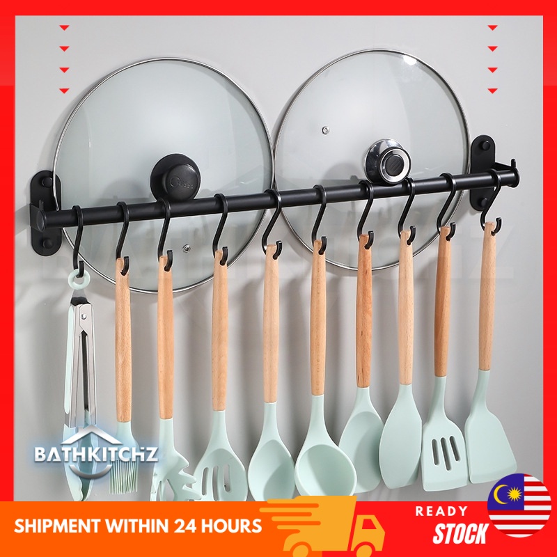 BATHKITCHZ Matte Black 10/12 Kitchen Hanging Rack with Hook Wall