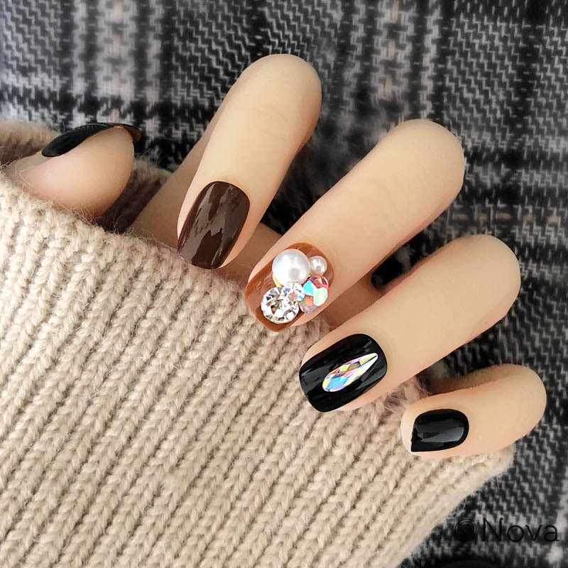 Nova 24pcs Per Set Acrylic Pearl Nail Tips Black Texture False