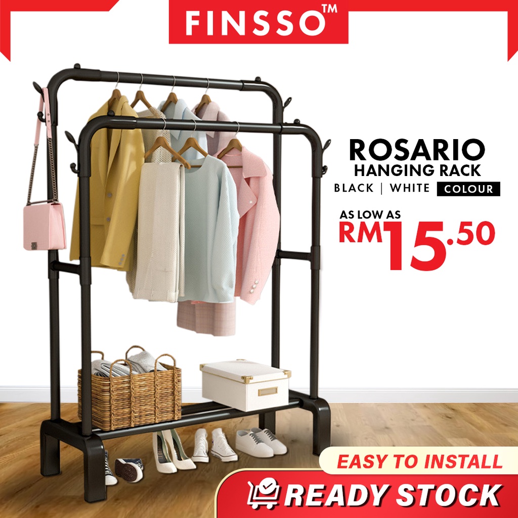 READY STOCK FINSSO : ROSARIO Single or Double Hanging Rack / Ampaian Penyidai Baju / 3 Tier Foldable Clothes Drying Rack