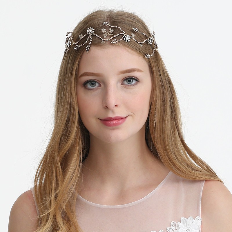 Vintage Handmade Bridal Headband Gold Rhinestone Hair Vine Wedding