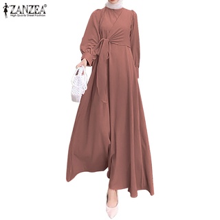 Image of ZANZEA Women Muslim Elegant Casual Solid Long Sleeve Loose Maxi A-Line Dress