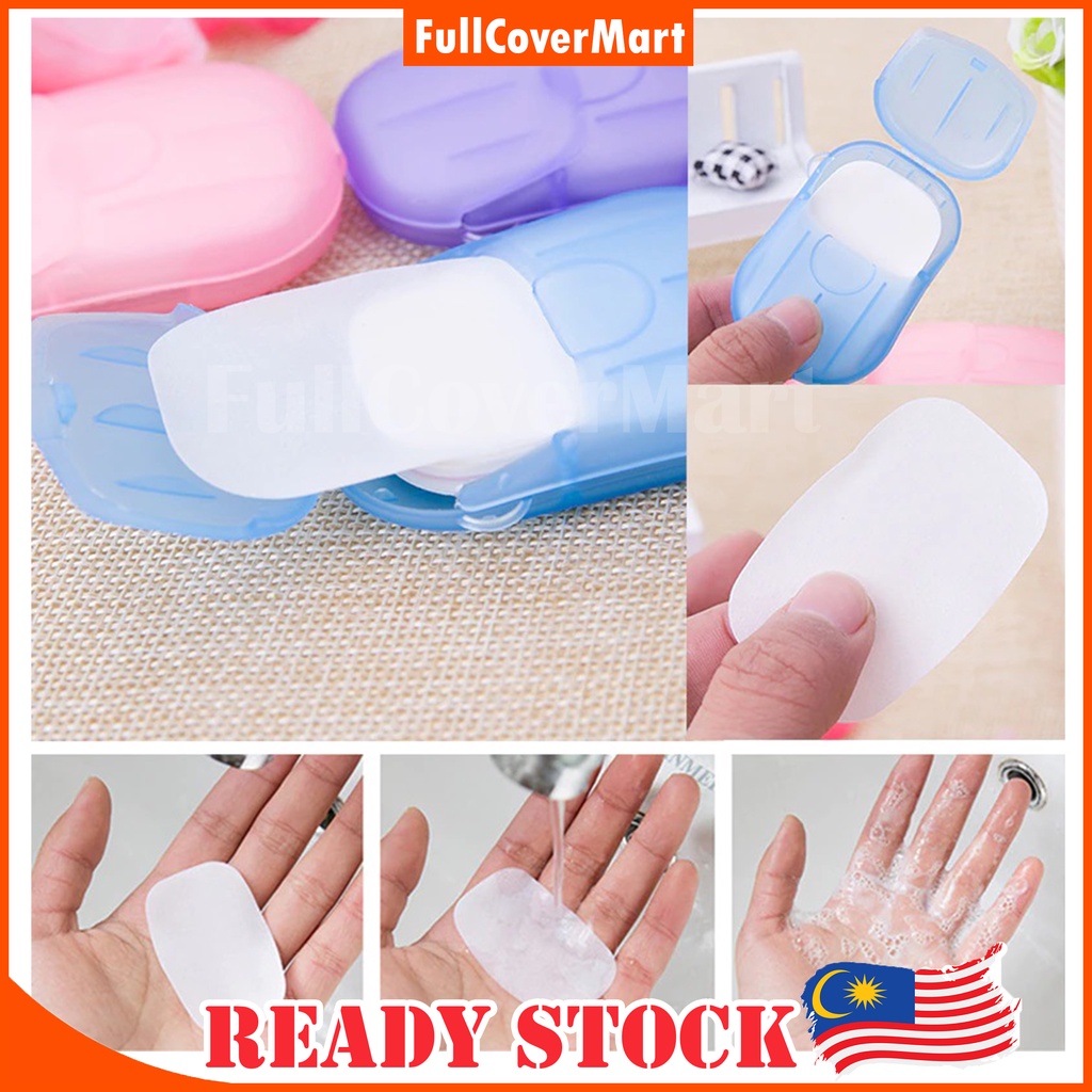 (HM51) 20pcs+Box Travel Disposable Soap Mini Paper Anti Virus Hand Wash Portable Sabun Tangan Kertas Melancong 旅行必备一次性香皂