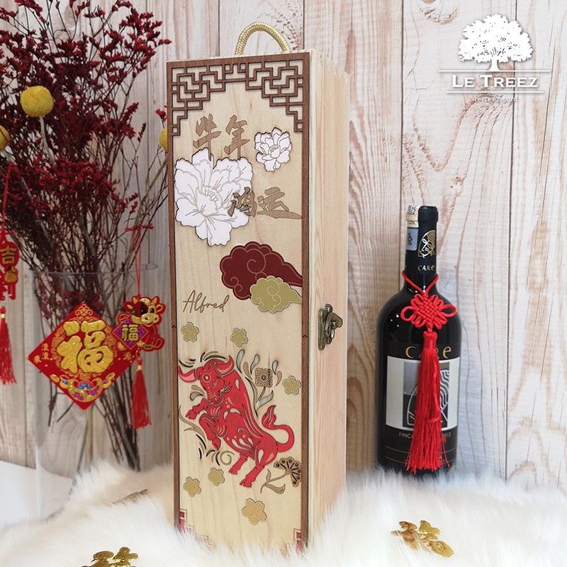 Ready Stock Malaysia Ox Chinese New Year Personalized Name Gift Storage Liquor Wine Wooden Box Hamper A