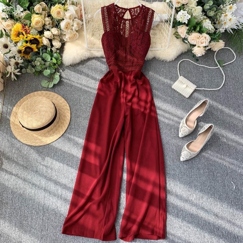women elegant playsuits summer sleeveless lace patchwork long pants Fashionable and elegant women's wear