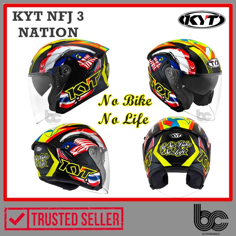 KYT NFJ 3 NATION HELMET / TOPI KELEDAR KYT NF-3 / OPEN FACE / NO BIKE NO LIFE / MALAYSIA SINGAPORE THAILAND / ORIGINAL