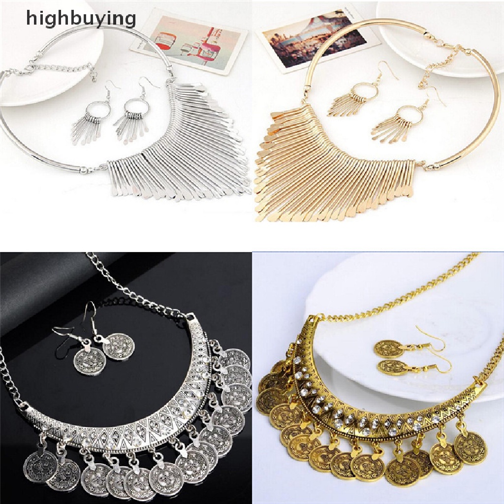 HBMY 1Set Lady Metal Tassels Coins Pendant Chain Bib Necklace Earrings Jewelry Chic HBB