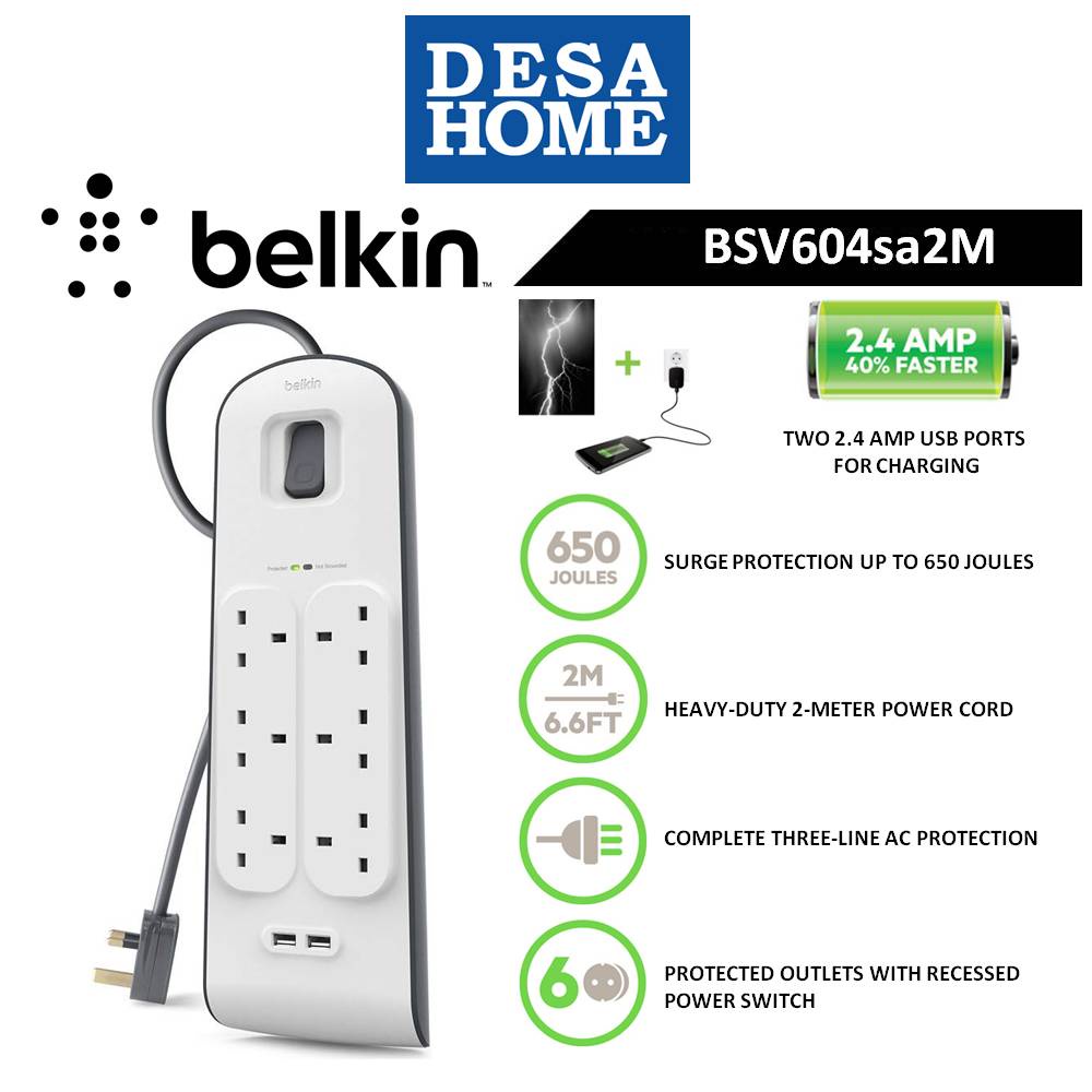 Belkin 2.4AMP USB Charging 6 Outlets Surge Protection Strip BSV604SA2M