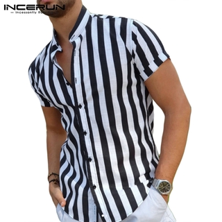 INCERUN Men Casual Summer Striped Stand Collar Button Up Short Sleeve Thin Shirt