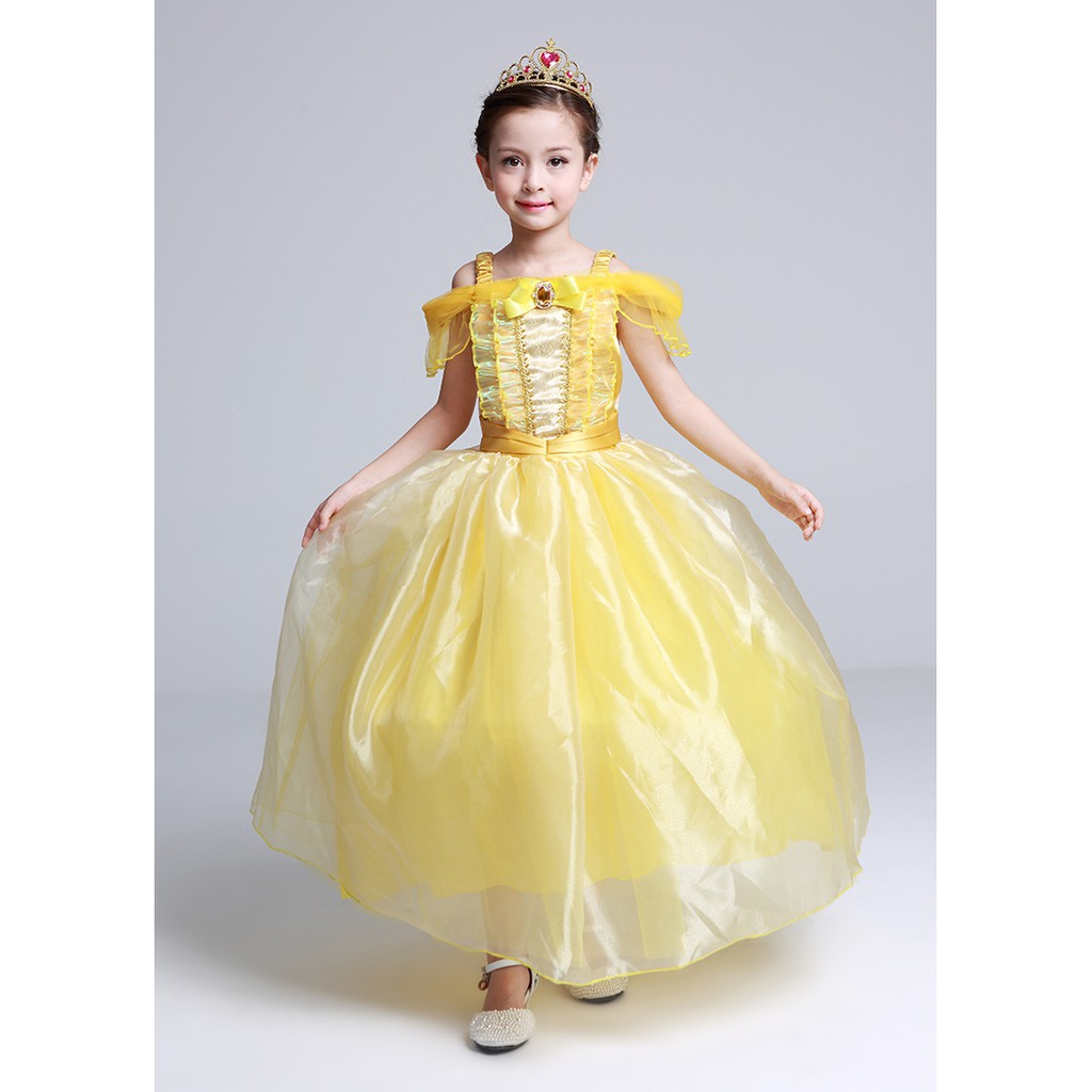 Girls Belle Dresses Princess Costume Party Beauty And The Beast Yellow Dress Shopee Malaysia