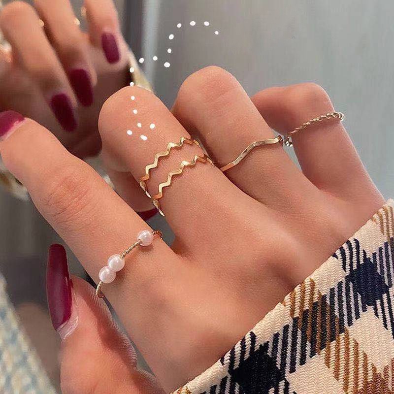 [5 piece set] Pearl ring beautiful Japanese and Korean simple wave ring