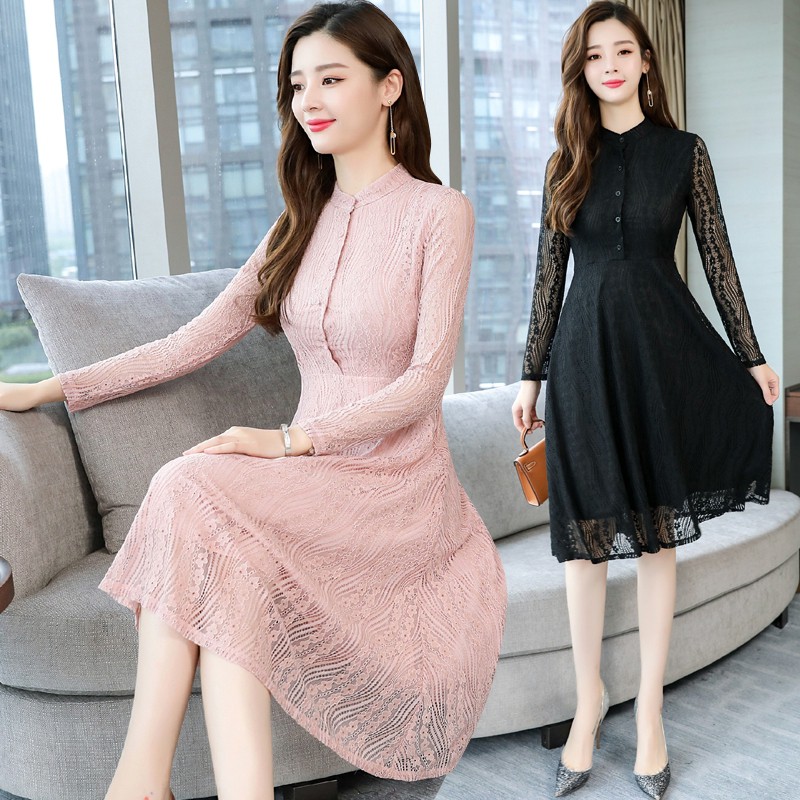  Korean  Fashion  Long Sleeve Lace Dresses Dinner Party  