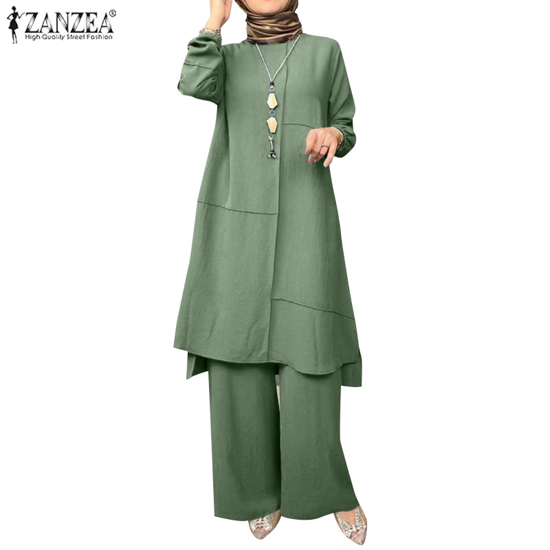 ZANZEA Tops Women Pants Turkey Muslim Abaya Ramadan Kaftan Islamic Clothing Sets