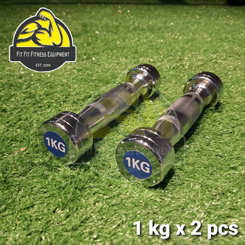 Ready Stocks  Dumbbell 1kg x 2pcs Fit Fit Fitness Metal Steel CHROME Round Fix Weight SOLID
