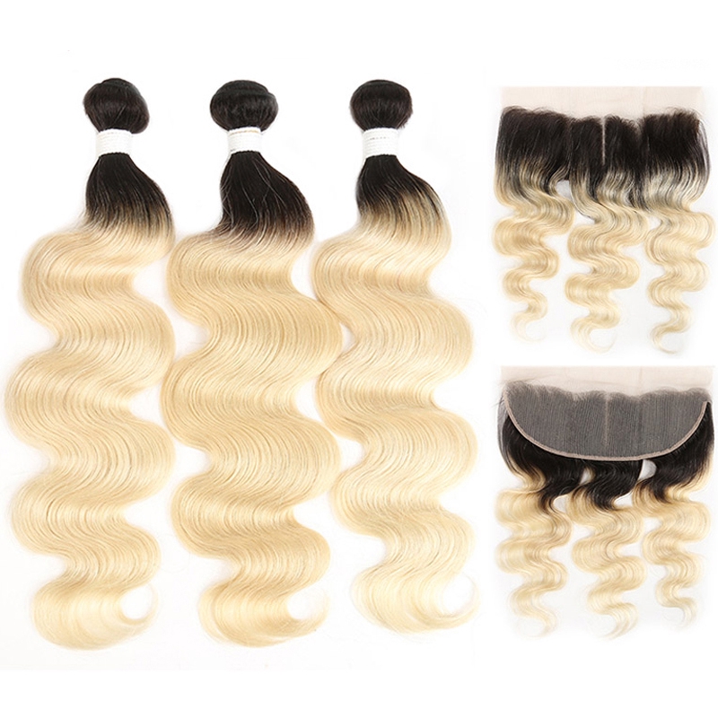 Blonde 3 Bundles With Frontal 13x4 Brazilian Body Wave Hair Weaves