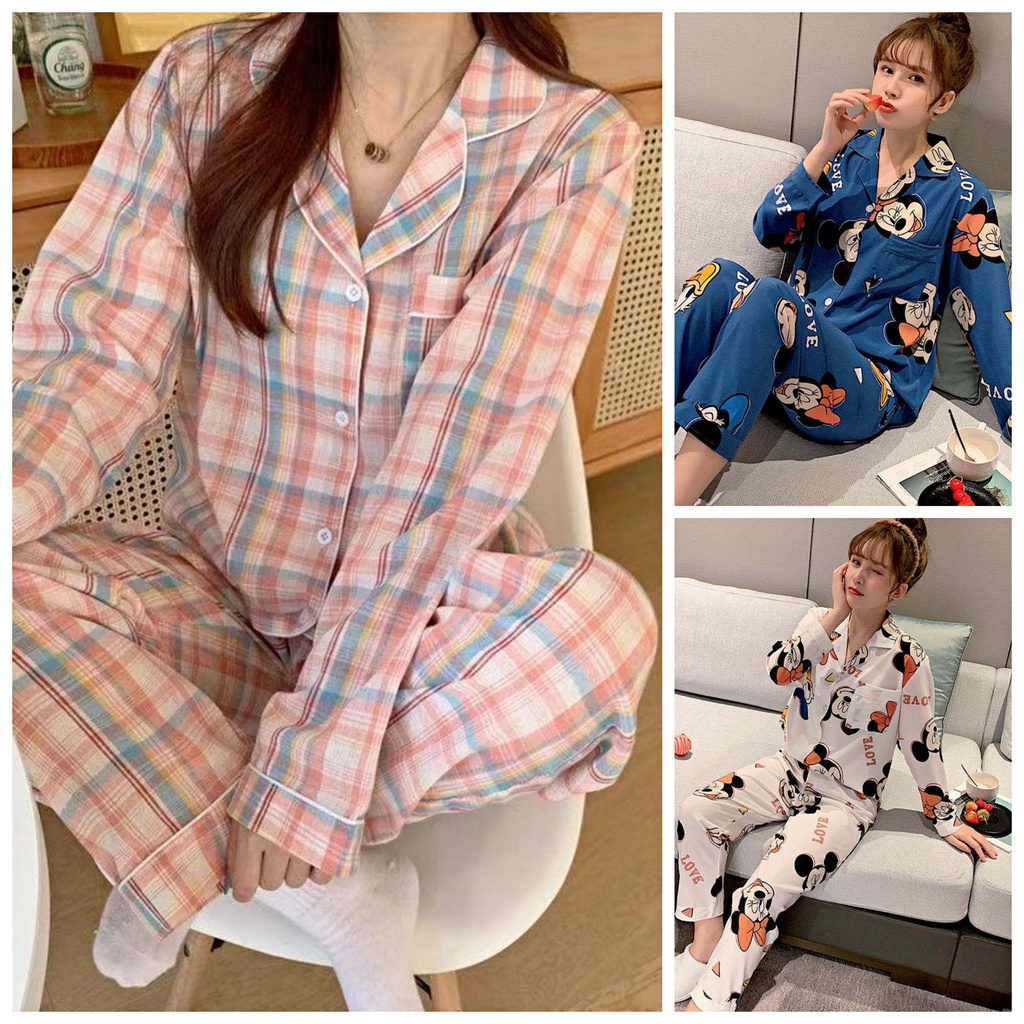 Women's Long Sleeve Pajamas Lapel Cardigan Pants Loungewear Plus Size Pajamas Baju Tidur Wanita