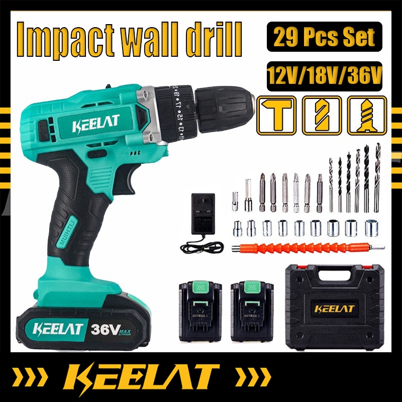 KEELAT 29 PCS Set Cordless Drill Hand Impact Drill Battery Drill