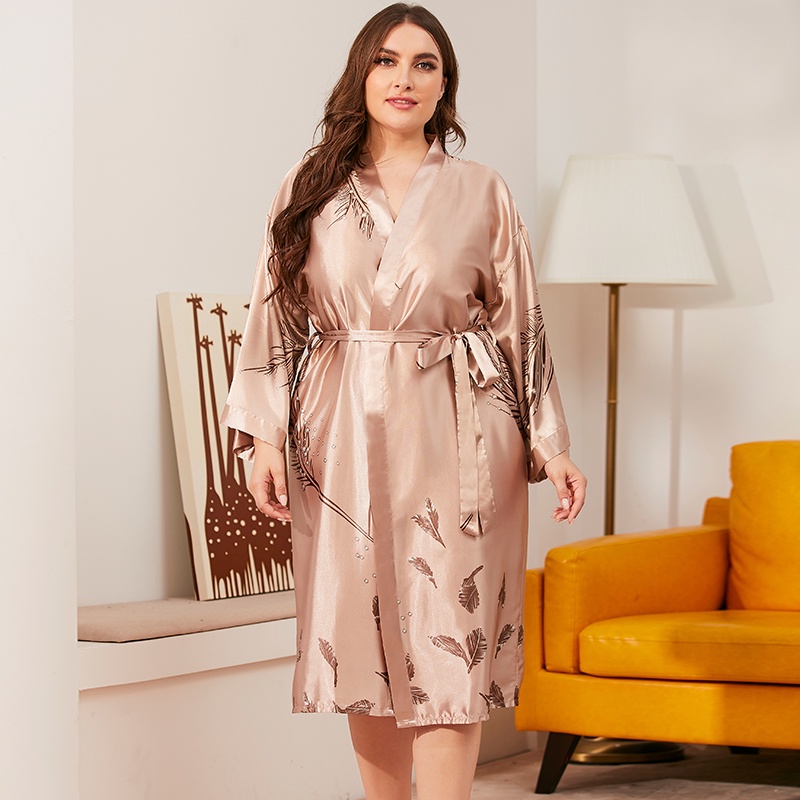 Women's Plus Robes Solid Sleepwear Long Sleeve Bathrobes Silky Loungewear