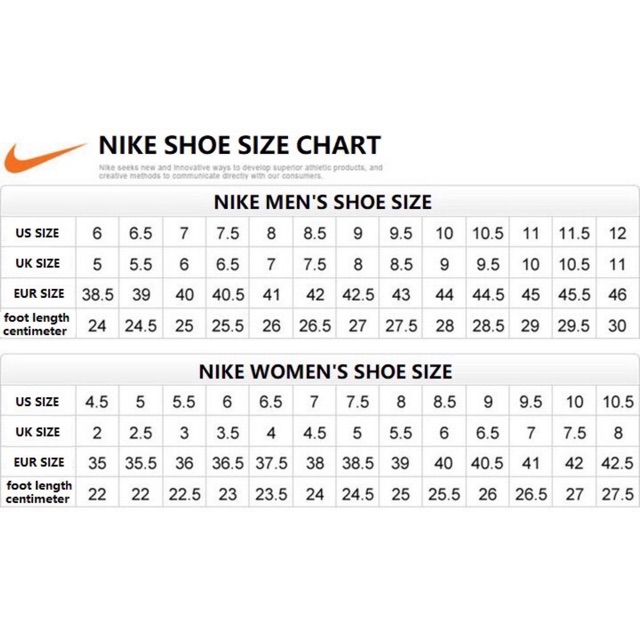 nike women's sneakers size chart