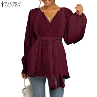 Image of ZANZEA Women Street Fashion Puff Long Sleeve O-Neck Solid Color Pleated Lace-Up Loose Blouse