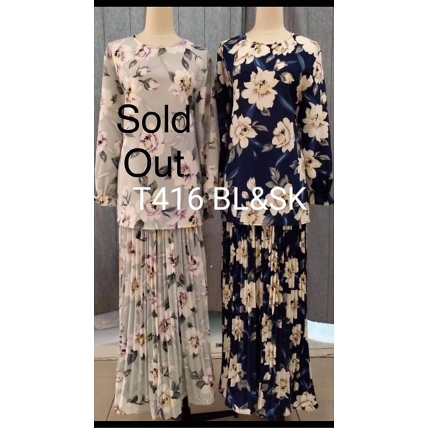 ( CLEAR STOCK ) PLEATED SET BLOUSE & SKIRT BAJU MUSLIMAH BLUE & CREAM
