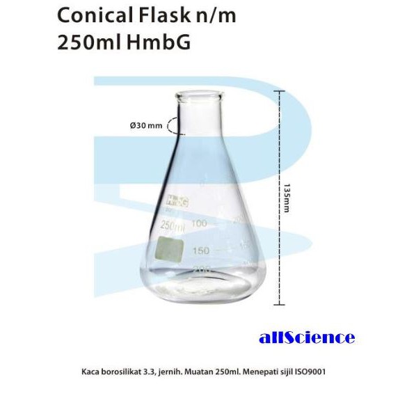 Flask Conical 50ml/ 100ml/ 250ml/ 500ml/ 1000ml Borosilicate HmbG ...