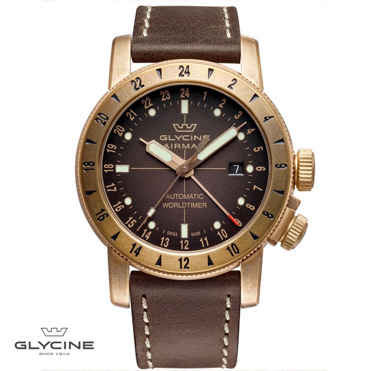 Glycine Airman Bronze Worldtimer 44 Brown Gmt Swiss Automatic Pilot