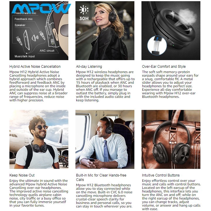 mpow h12 hybrid active noise cancelling headphones