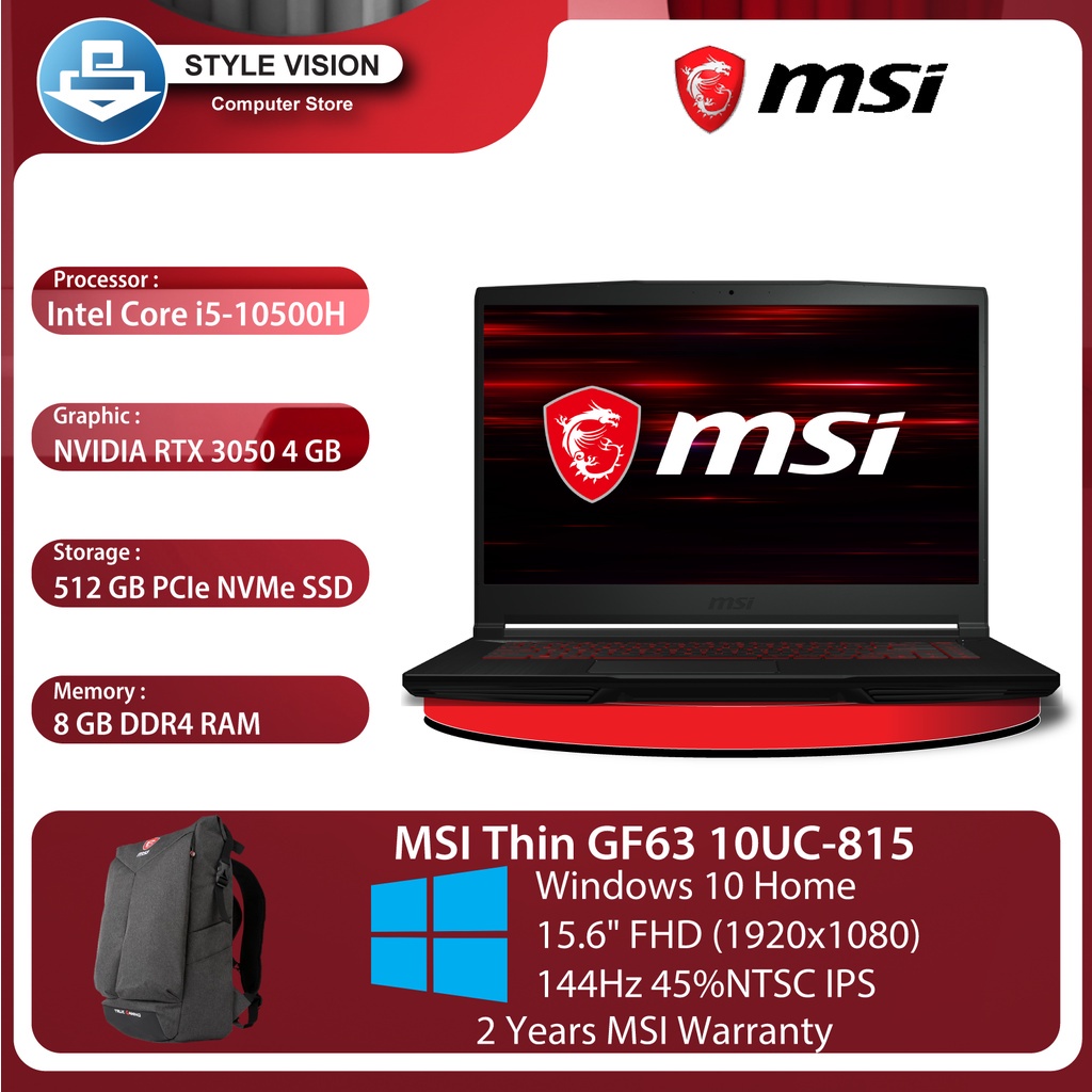 MSI GF63 Thin GF63 10UC 815 Intel I5 10500H 8GB 512GB 15 6 FHD RTX3050 