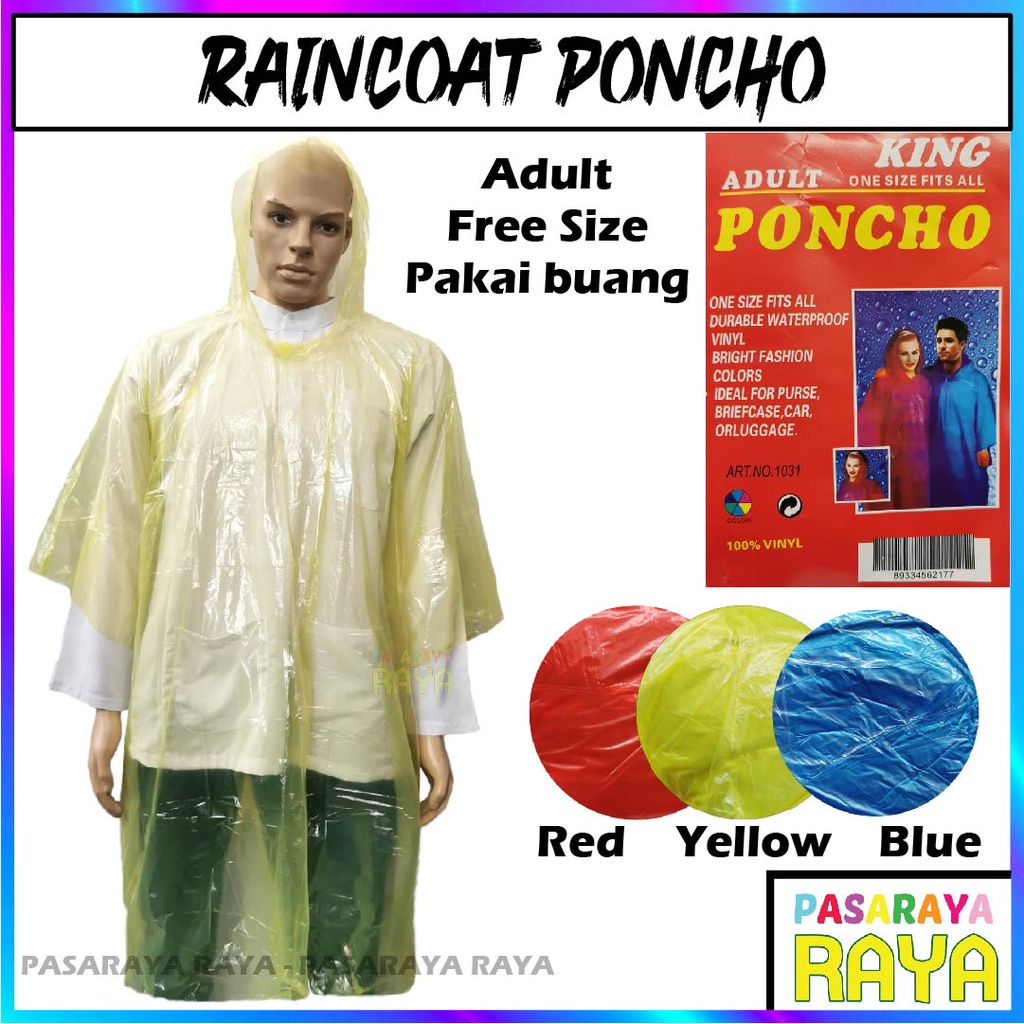 Poncho Adult Raincoat Disposable Poncho Baju Hujan Pakai Buang Dewasa One Size Fits All 100% Vinyl