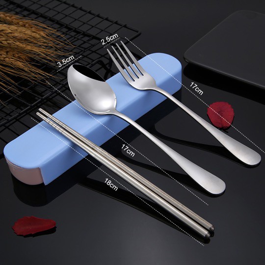 (3 Pcs) MILANDO Travel Portable Stainless Steel Tableware Utensil Set Cutlery Set Spoon Chopsticks Fork Set (Type 2)
