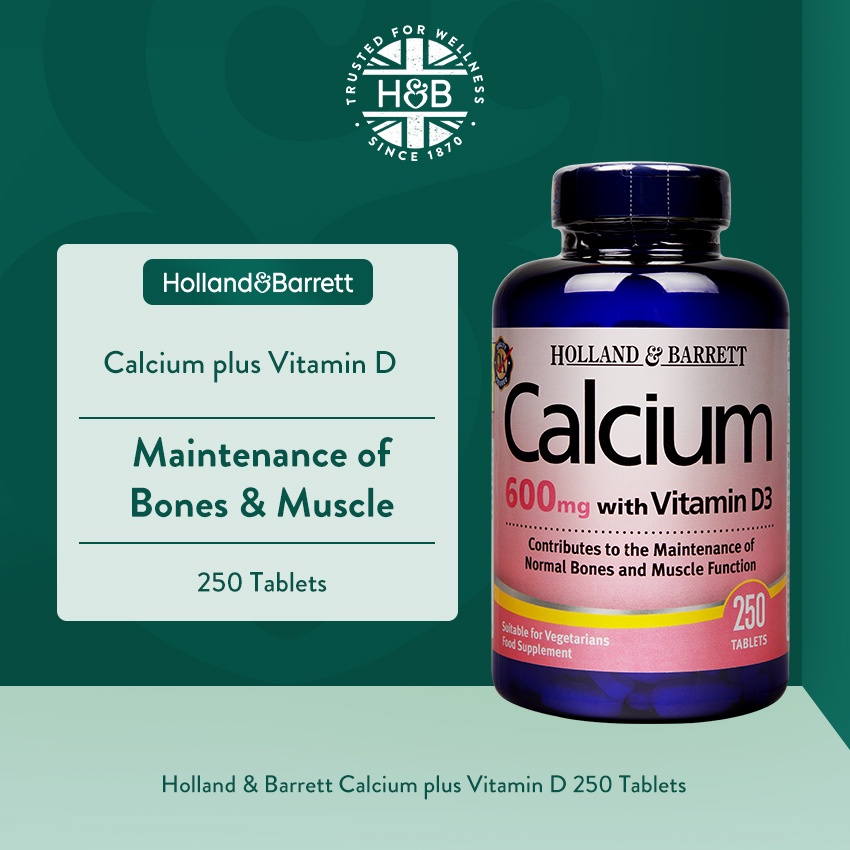 Holland & Barrett Calcium 600mg Plus Vitamin D3 250 Tablets (BBE 09/2023) Maintenance of Bones