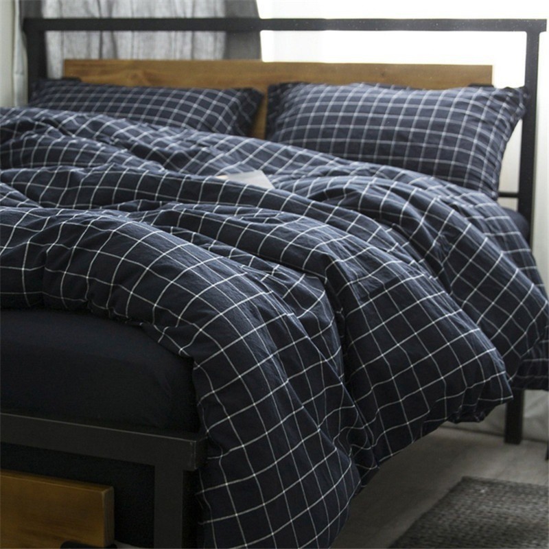 3pcs Dark Blue Plaid Duvet Cover Set For King Queen Bed 100