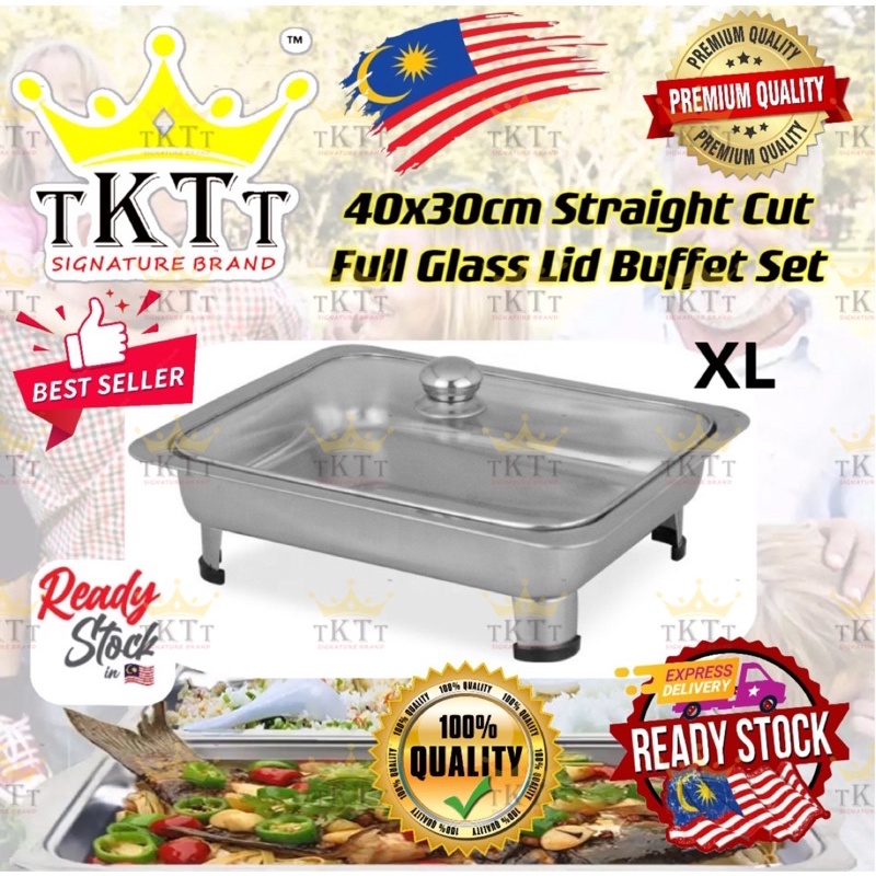 TKTT ™️ 40x30 Glass Lids Stainless Steel Buffet Set Catering Serving Tray Food Pan Warmer Bekas Lauk Katering Serbaguna