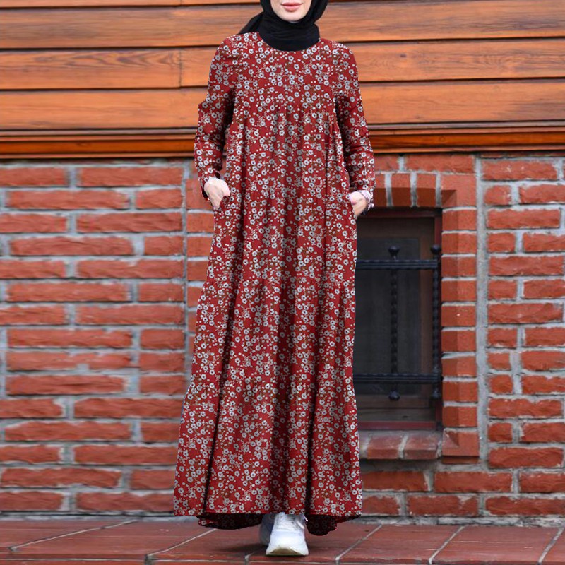 ZANZEA Women Full Sleeve Vintage Back Zipper Printed Muslim Long Dress #5