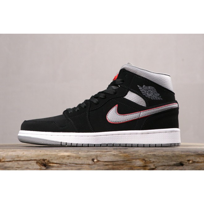 jordan 1 mid black particle grey gym red