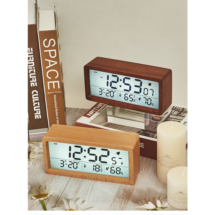 Wooden Desk Clock Calendar Temperature Humidity Display Wooden