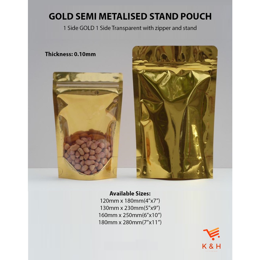 (50pcs) SEMI GOLD METALISED STAND POUCH / 1 Side GOLD 1 Side