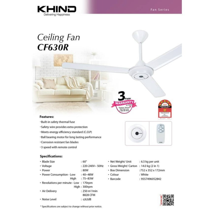 Khind Cf630r Ceiling Fan With Remote Controller 3 Yrs Motor Warranty