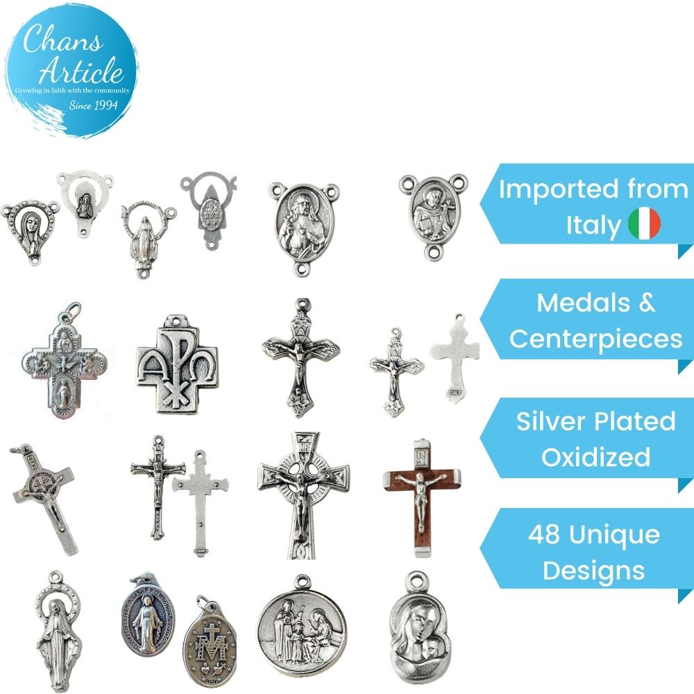 Italian Made Medals Crucifix Cross & Centerpiece for DIY Rosaries Necklace Pendant Jesus Mother Mary for Catholic