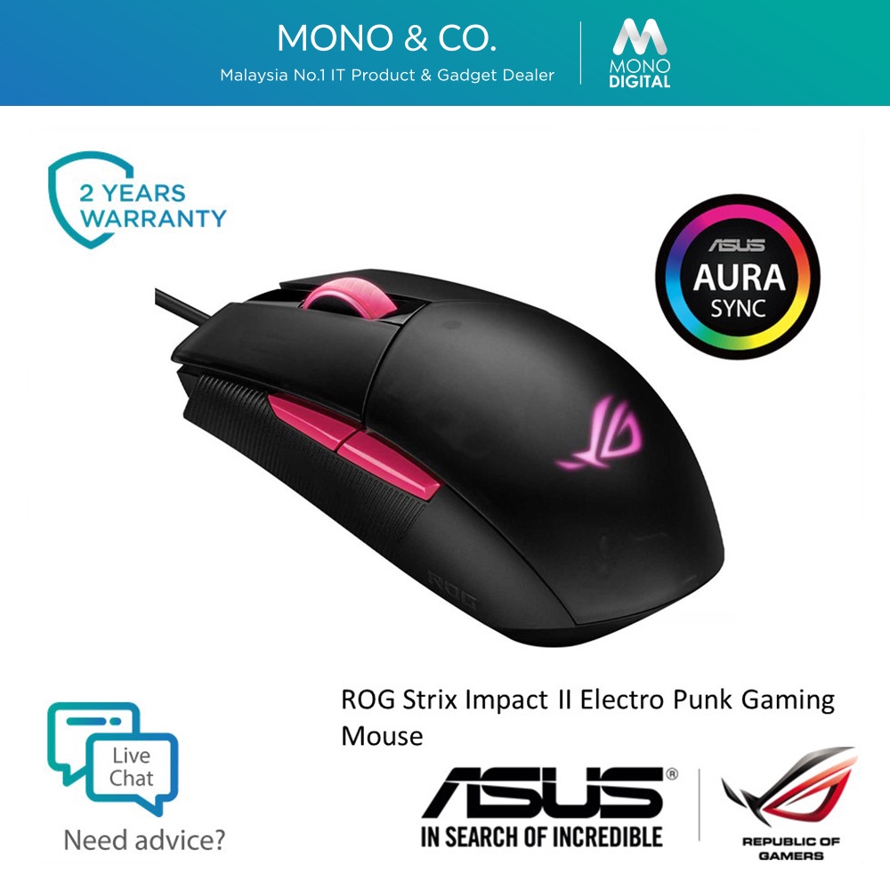 Asus Rog Strix Impact Ii Electro Punk Ergonomic Gaming Mouse With 60dpi Optical Lightweight Rgb Lighting P512 Shopee Malaysia