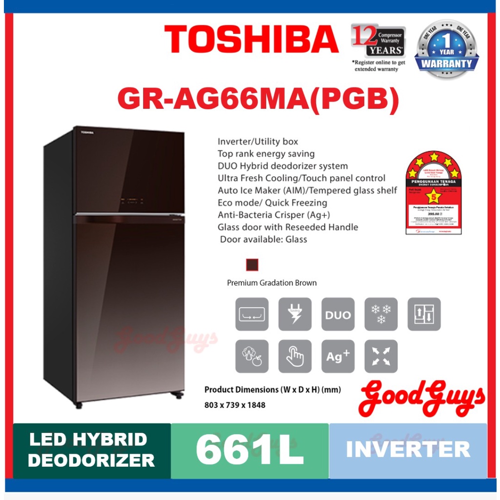 TOSHIBA GRAG66MA(XK) 661L 2DOORS FRIDGE / INVERTER / AUTO ICE MAKER