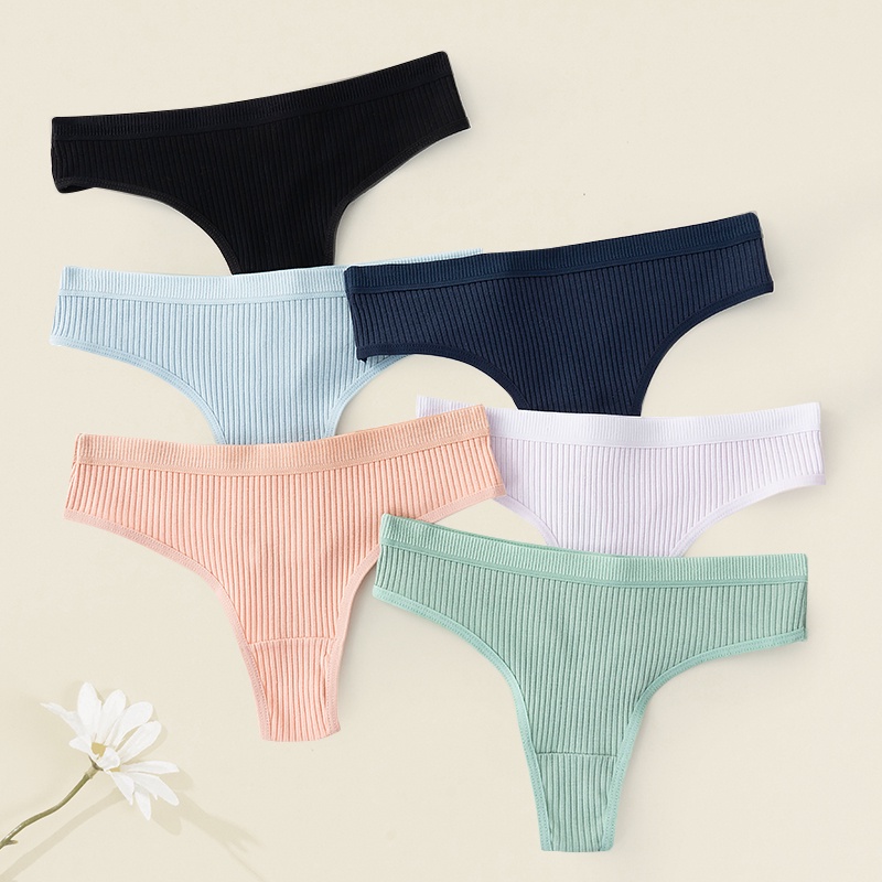 Women Ribbed Cotton Panties Sexy Solid Color Thongs Underwear