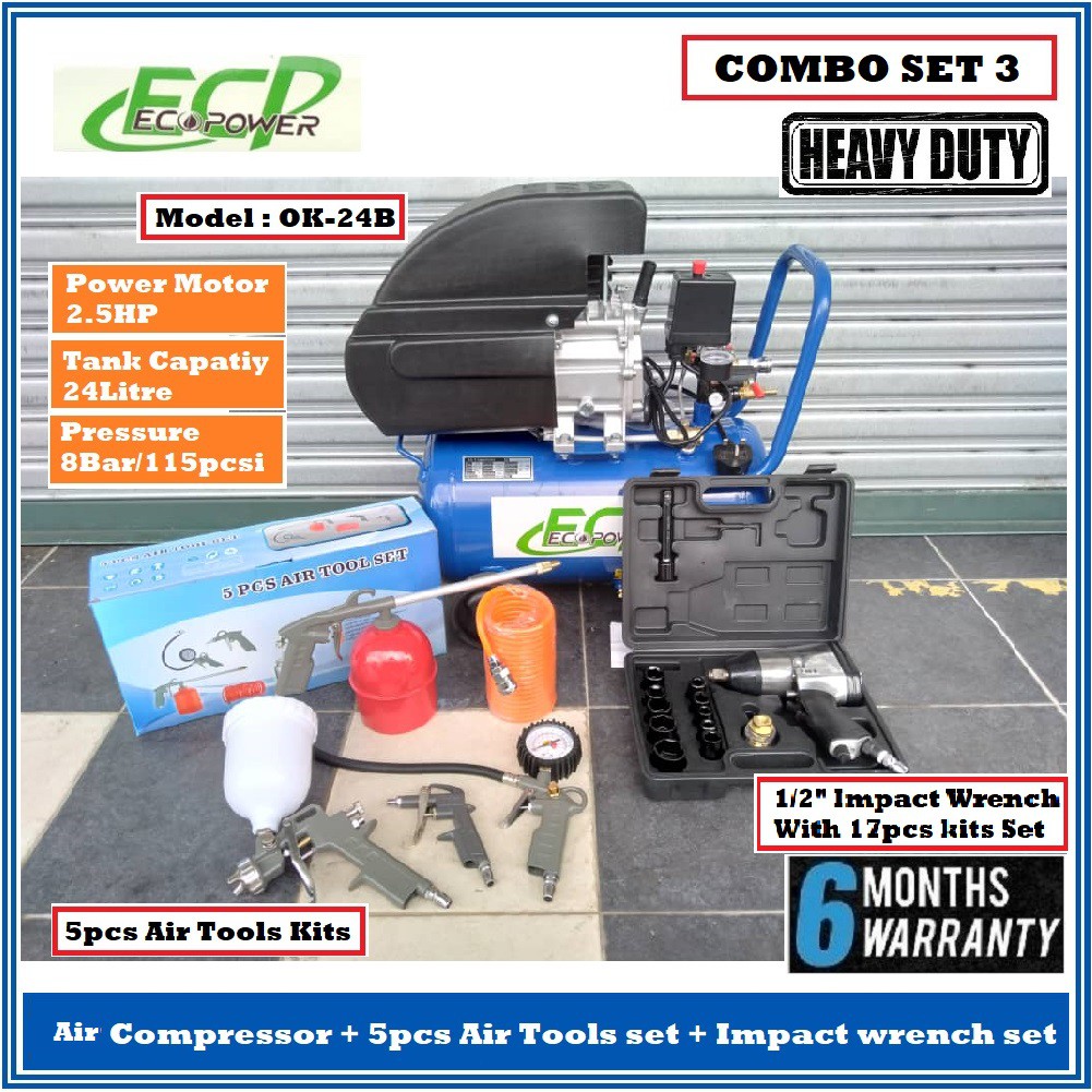 Ecopower Combo 3 - ECOPOWER 2.5HP 24litre Air Compressor + EUROX 5pcs Air tools set + FST 1/2" Air impact Wrench