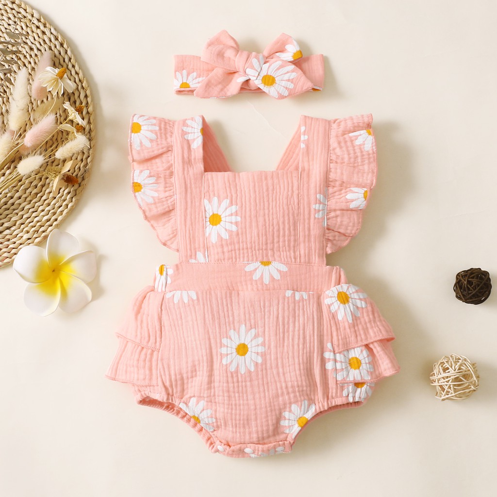 MIK*Infant Baby Girl Clothes Baby Girl Romper Ruffle Sleeveless Newborn Bodysuit 2Pcs Set Baby Girl Jumpsuit Fashion Toddler Baby Girl Outfit Suit