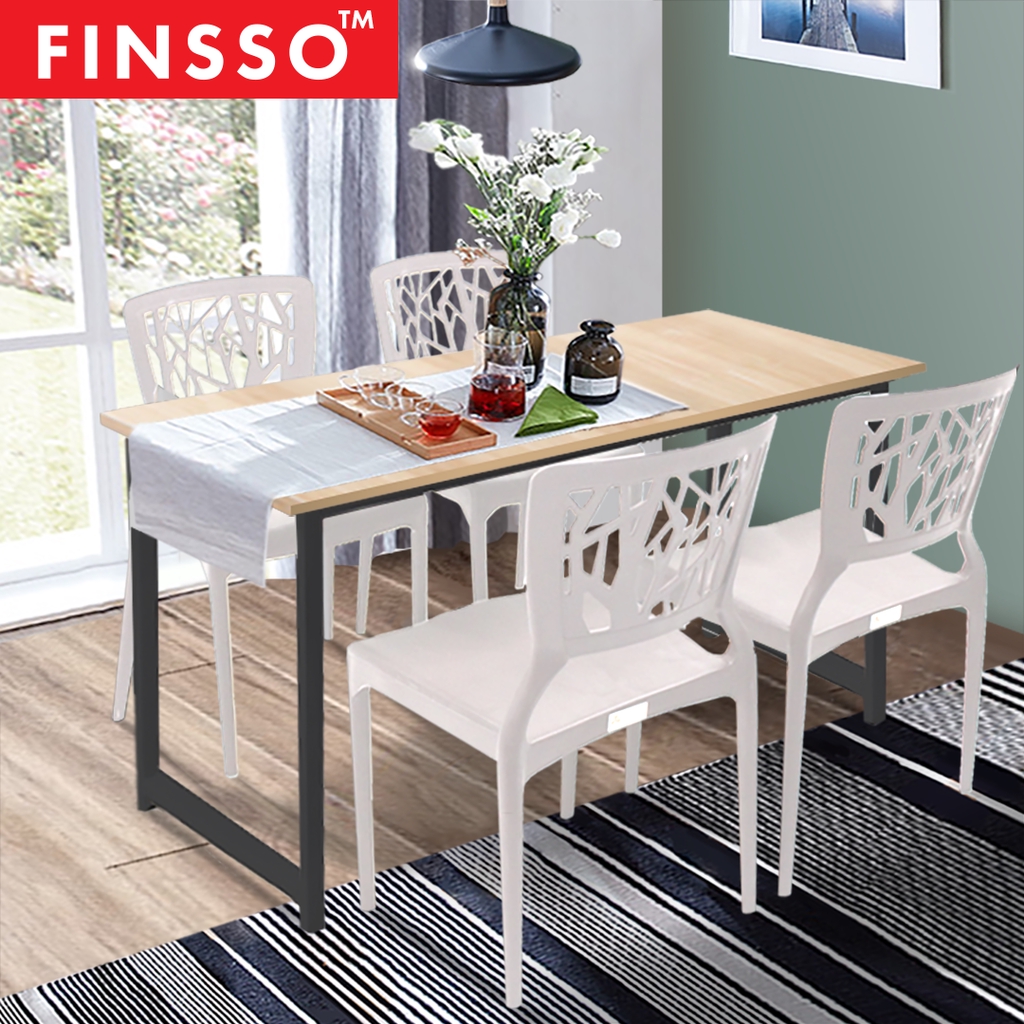 FINSSO: [120x60] Contemporary Dining Table Black Steel with 4 White 3V HIVE Dining Chair