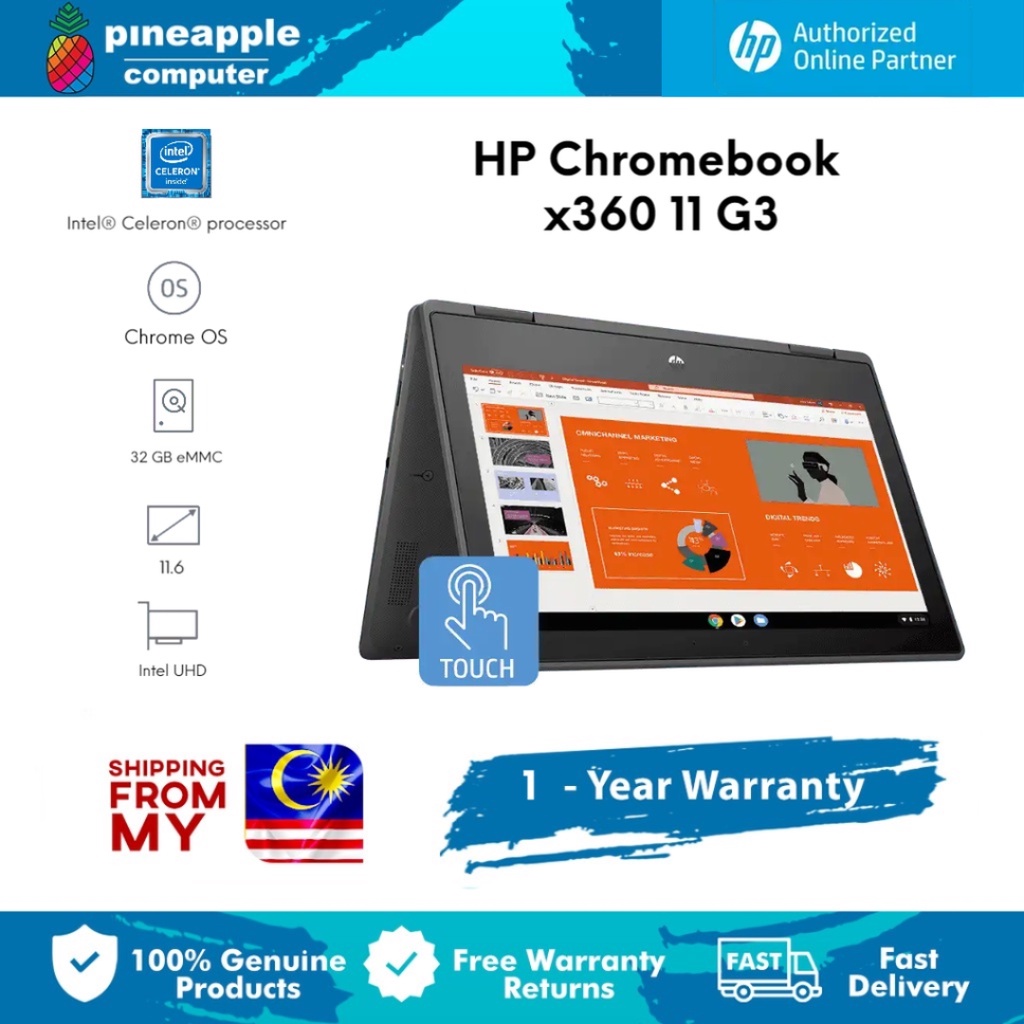 HP Chromebook x360 11 G3 EE Hybrid Laptop Notebook (Intel Celeron N4020/11.6” HD Touch Display/4GB/32GB eMMC/Chrome OS/1 Year Warranty) - 43N32PA
