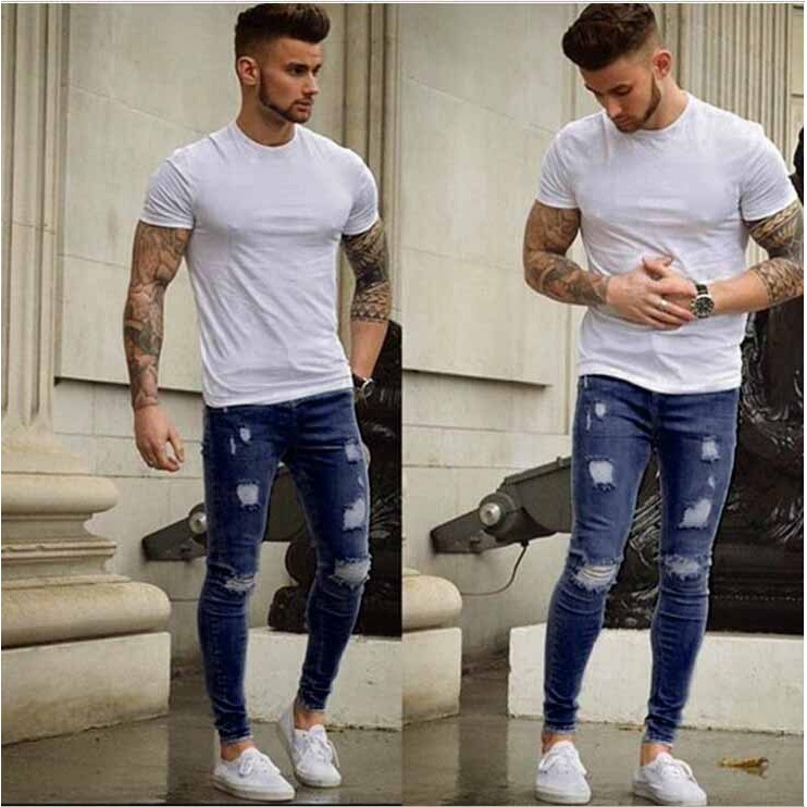 Fashion Men Casual Hole Design Distressed Skinny Blue Jeans S 3xl Shopee Malaysia