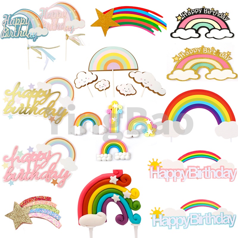 Rainbow Cake Topper Star Cloud Cupcake Decor Cake Flag Baby Shower One 1st Happy Birthday Party Decor Kids Girl Boy